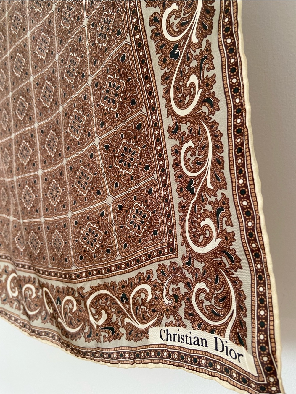 Vintage Christian Dior Silk Scarf Brown Light Green Paisley Print - Picture 5 of 7